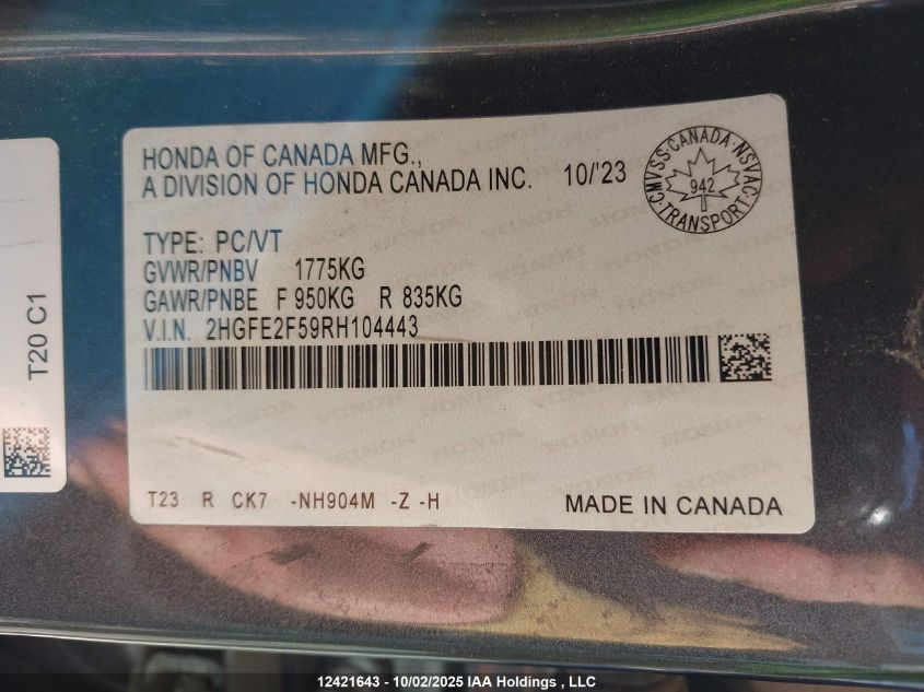 2024 Honda Civic Sport VIN: 2HGFE2F59RH104443 Lot: 12421643