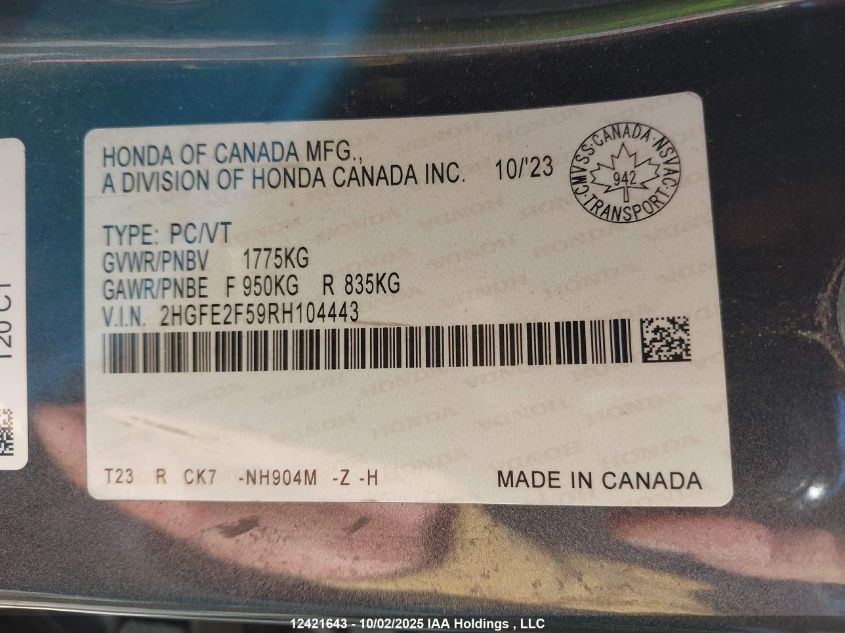 2024 Honda Civic Sport VIN: 2HGFE2F59RH104443 Lot: 12421643