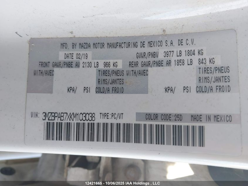 2019 Mazda 3 VIN: 3MZBPAB7XKM103038 Lot: 12421665