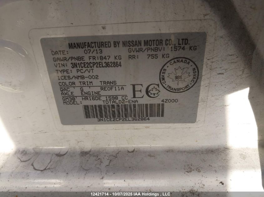 2014 Nissan Versa VIN: 3N1CE2CP2EL362864 Lot: 12421714