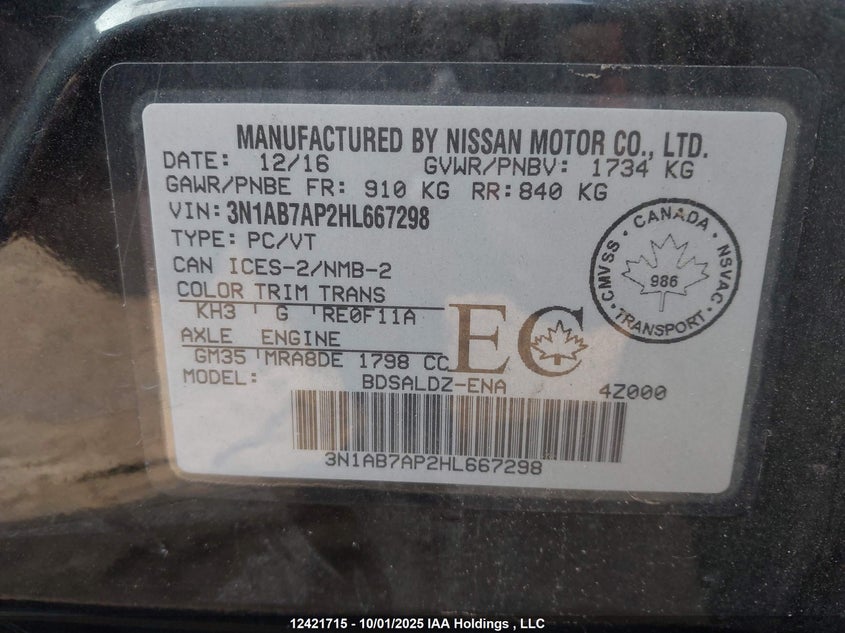 2017 Nissan Sentra 1.8 S/1.8 Sl/1.8 Sv VIN: 3N1AB7AP2HL667298 Lot: 12421715