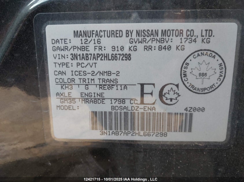 2017 Nissan Sentra 1.8 S/1.8 Sl/1.8 Sv VIN: 3N1AB7AP2HL667298 Lot: 12421715