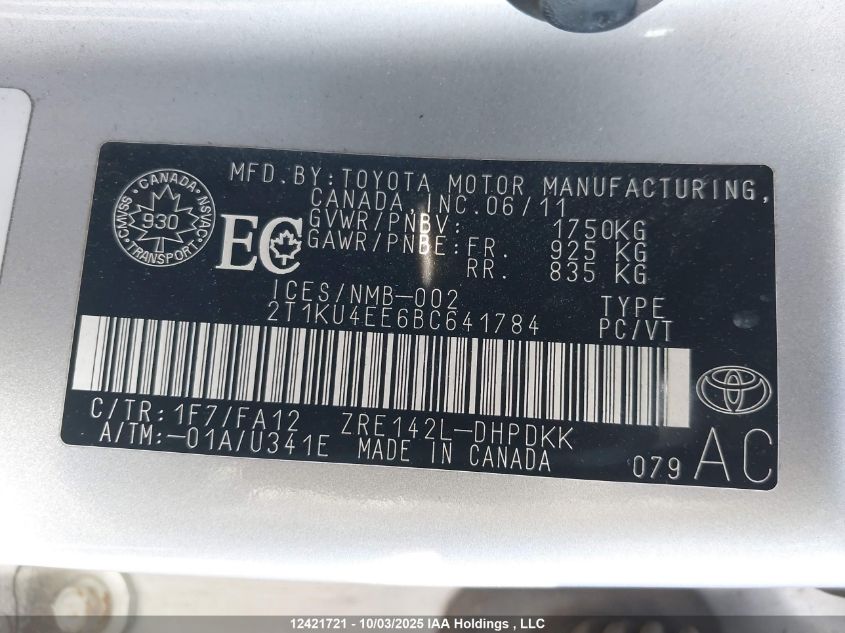 2011 Toyota Matrix VIN: 2T1KU4EE6BC641784 Lot: 12421721