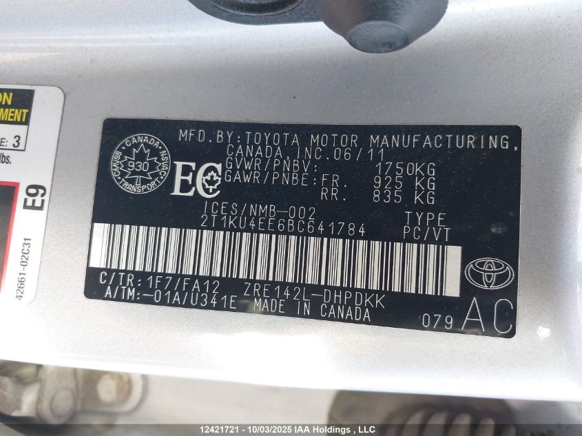 2011 Toyota Matrix VIN: 2T1KU4EE6BC641784 Lot: 12421721