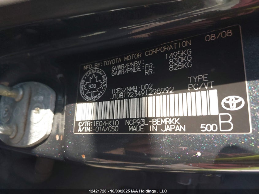 2009 Toyota Yaris VIN: JTDBT923491298992 Lot: 12421728