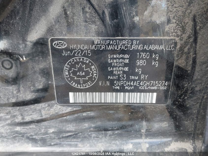 2016 Hyundai Elantra Se/Sport/Limited VIN: 5NPDH4AE4GH715274 Lot: 12421751
