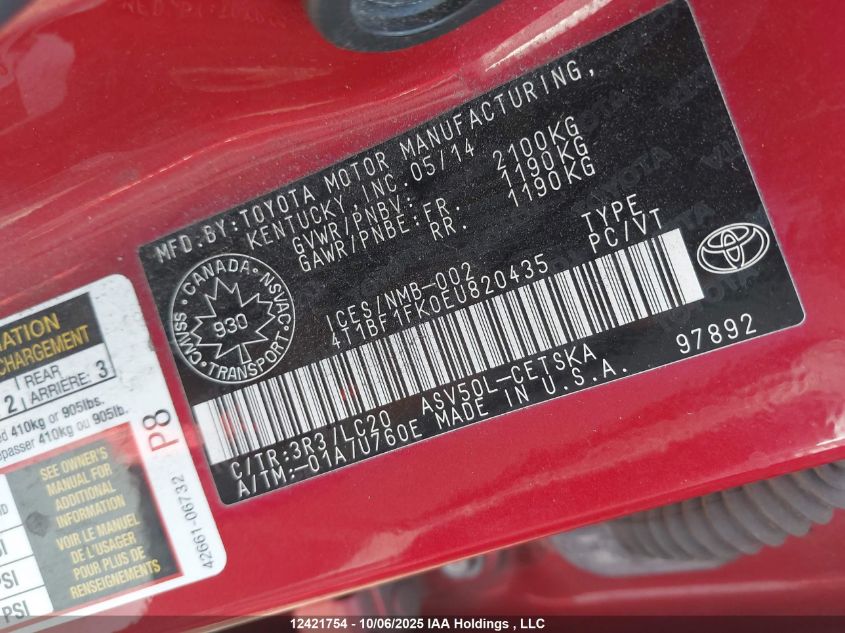 2014 Toyota Camry Se VIN: 4T1BF1FK0EU820435 Lot: 12421754