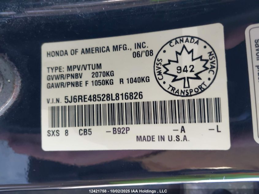 2008 Honda Cr-V Ex VIN: 5J6RE48528L816826 Lot: 12421758