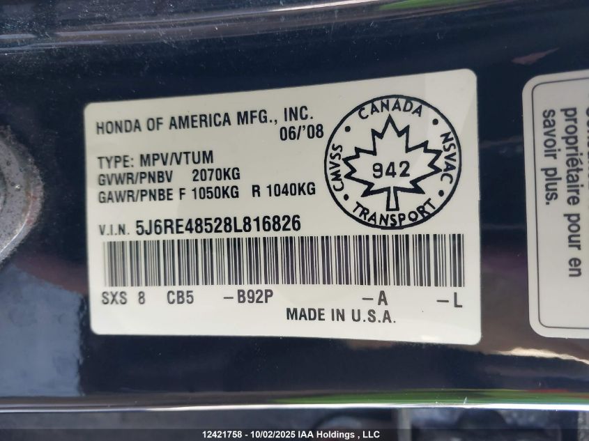 2008 Honda Cr-V Ex VIN: 5J6RE48528L816826 Lot: 12421758