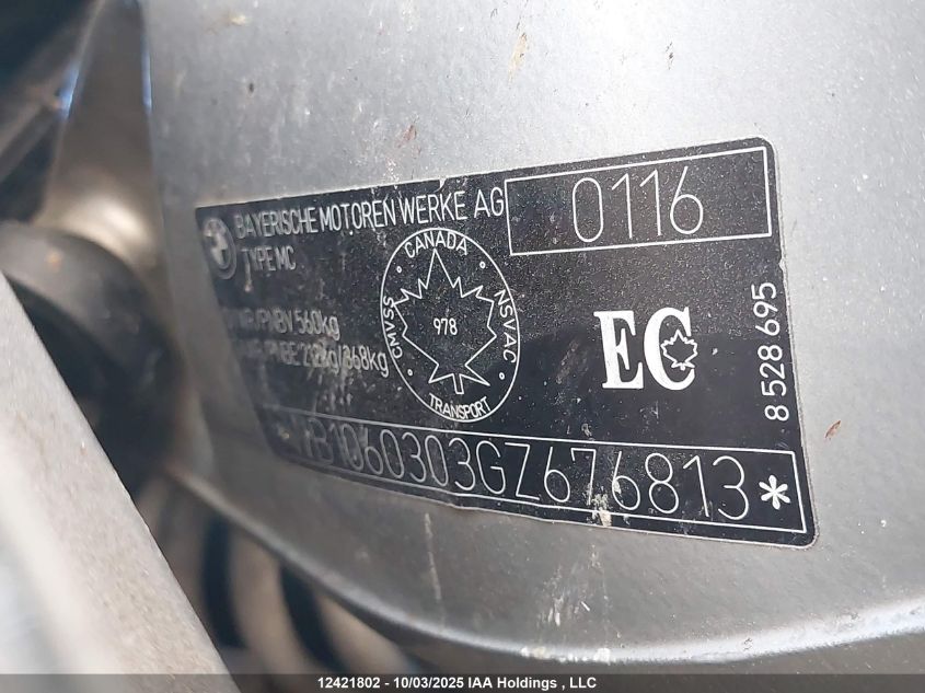 2016 BMW K1600 Gtl/Exc VIN: WB1060303GZ676813 Lot: 12421802