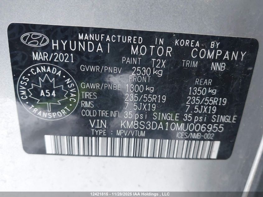 2021 Hyundai Santa Fe Preferred Hybrid Awd With Trend Package VIN: KM8S3DA10MU006955 Lot: 12421815