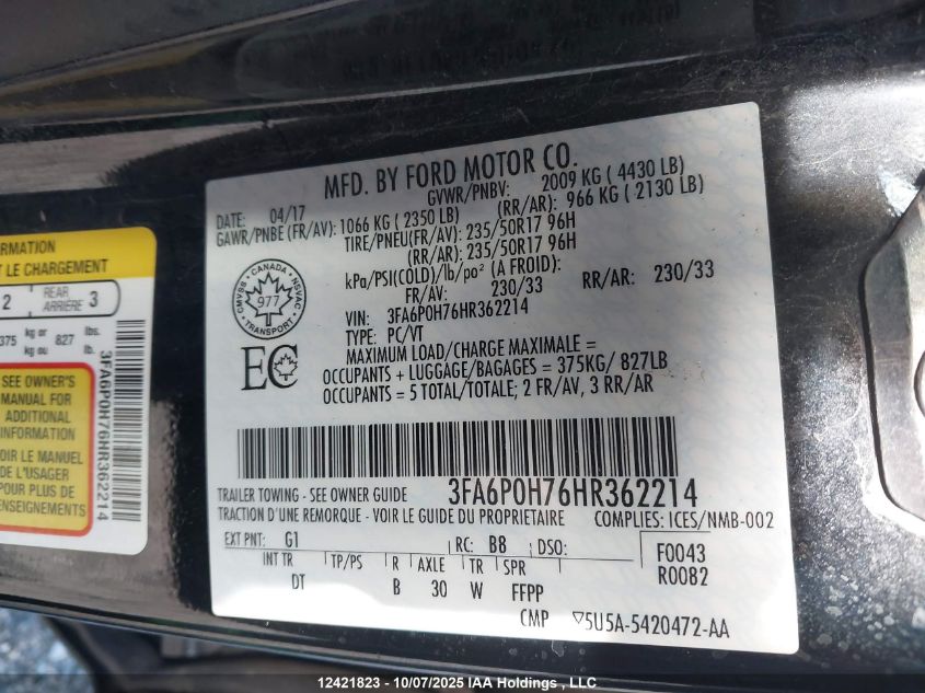 2017 Ford Fusion Se VIN: 3FA6P0H76HR362214 Lot: 12421823