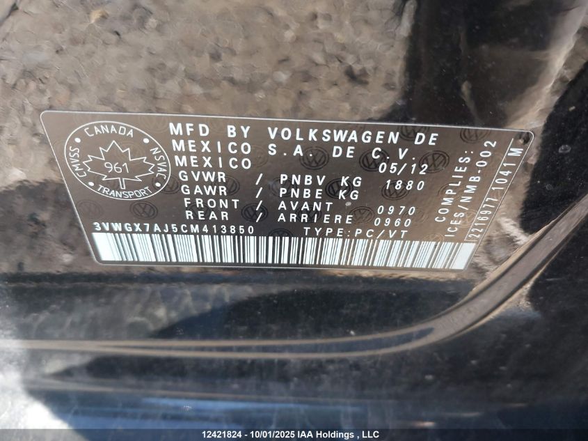 2012 Volkswagen Jetta VIN: 3VWGX7AJ5CM413850 Lot: 12421824