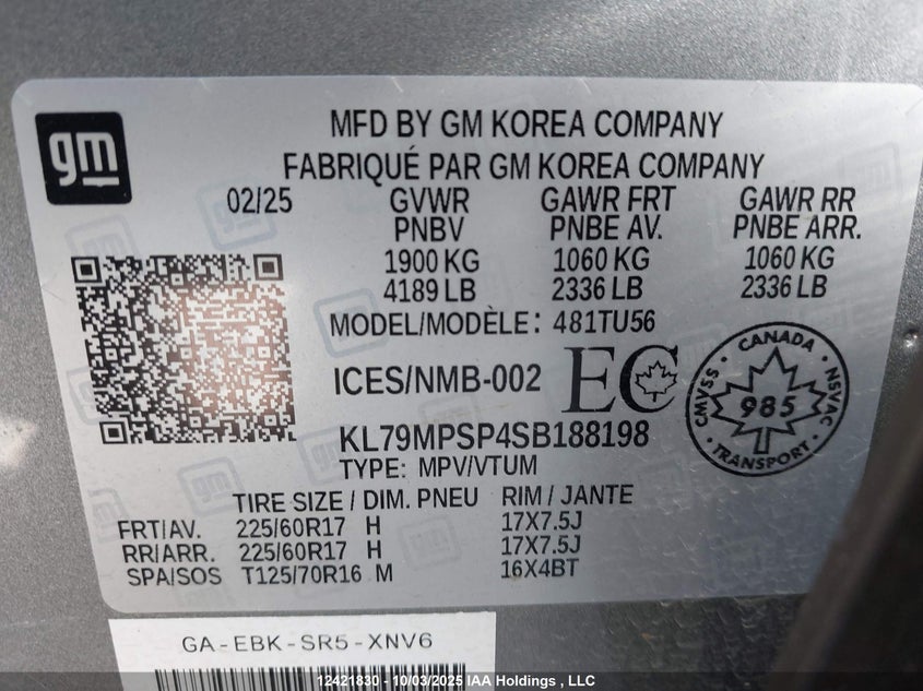 2025 Chevrolet Trailblazer Lt VIN: KL79MPSP4SB188198 Lot: 12421830