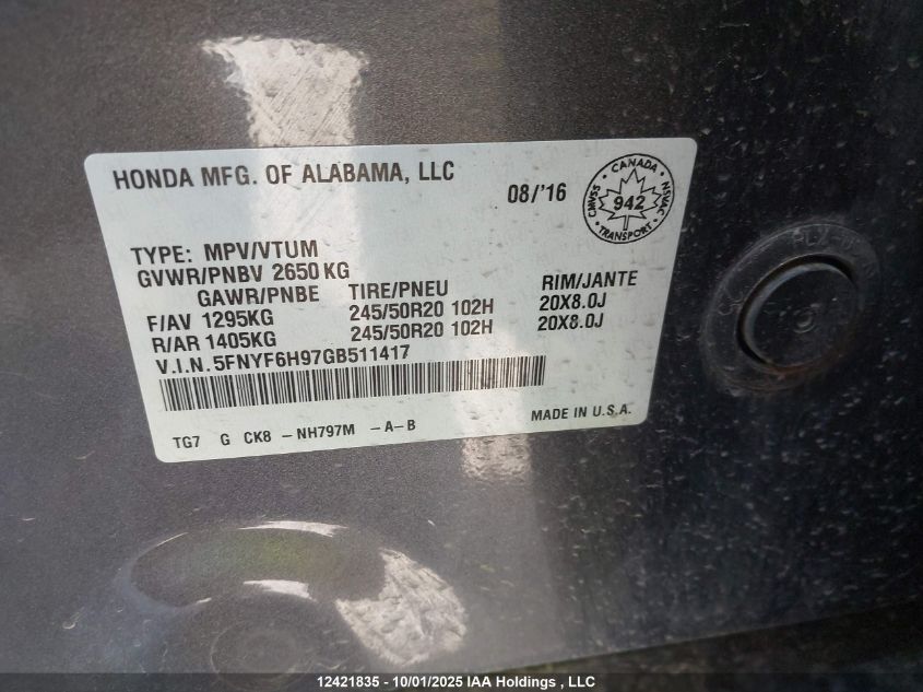 2016 Honda Pilot Touring VIN: 5FNYF6H97GB511417 Lot: 12421835