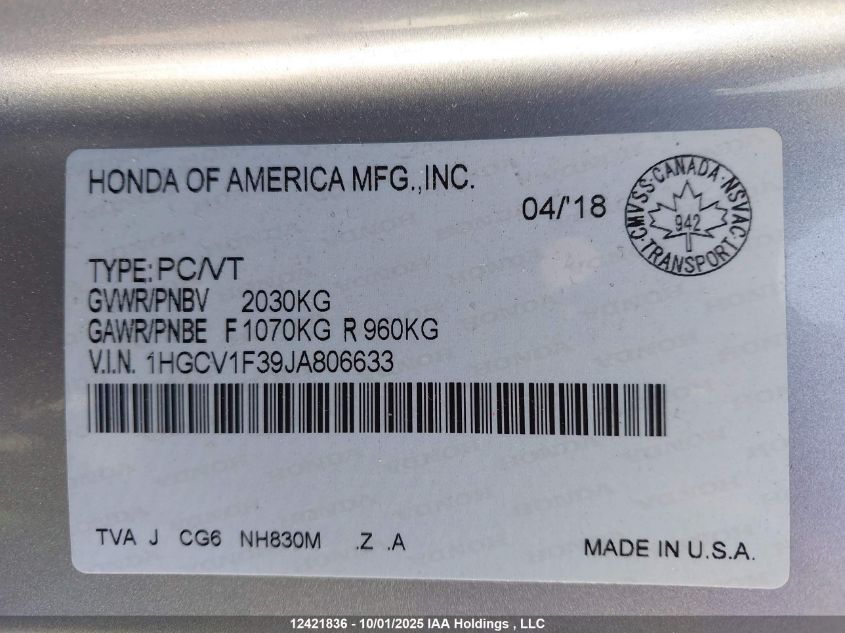 2018 Honda Accord Sport VIN: 1HGCV1F39JA806633 Lot: 12421836