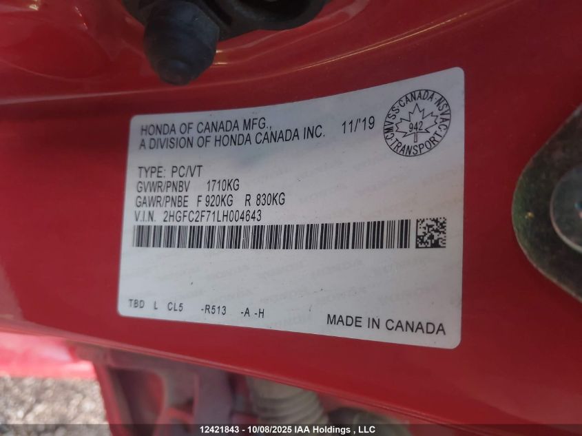 2020 Honda Civic Ex VIN: 2HGFC2F71LH004643 Lot: 12421843