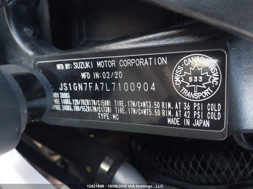 2020 Suzuki Gsx-R600 VIN: JS1GN7FA7L7100904 Lot: 12421849