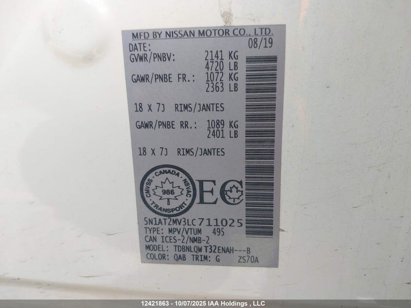 2020 Nissan Rogue S/Sl/Sv VIN: 5N1AT2MV3LC711025 Lot: 12421863