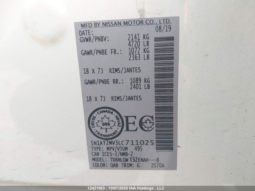 2020 Nissan Rogue S/Sl/Sv VIN: 5N1AT2MV3LC711025 Lot: 12421863