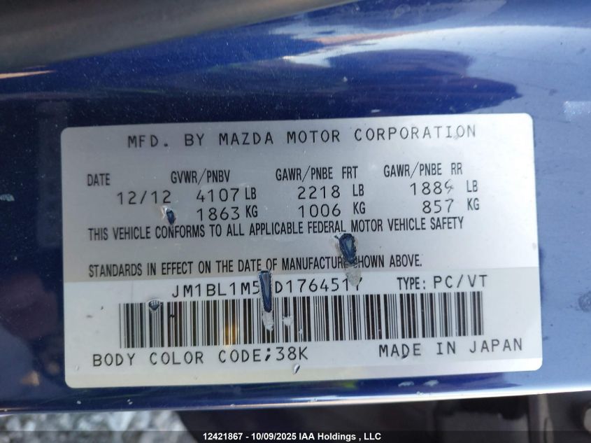 2013 Mazda Mazda3 Gt VIN: JM1BL1M53D1764517 Lot: 12421867