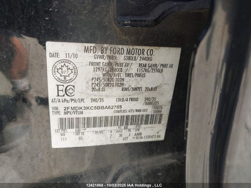 2011 Ford Edge Limited VIN: 2FMDK3KC5BBA62785 Lot: 12421868
