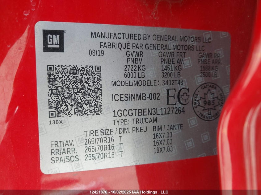 2020 Chevrolet Colorado Wt VIN: 1GCGTBEN3L1127264 Lot: 12421876