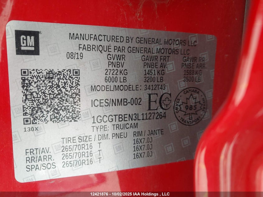 2020 Chevrolet Colorado Wt VIN: 1GCGTBEN3L1127264 Lot: 12421876