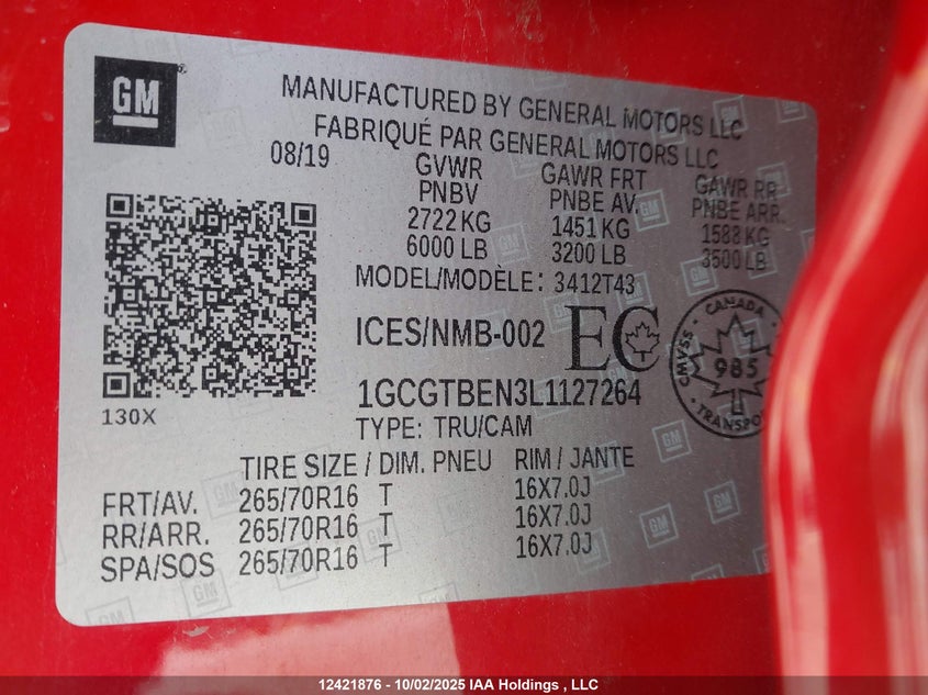 2020 Chevrolet Colorado Wt VIN: 1GCGTBEN3L1127264 Lot: 12421876