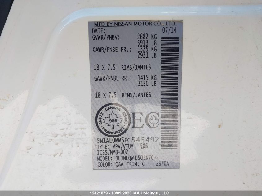 2014 Infiniti Qx60 VIN: 5N1AL0MM5EC545492 Lot: 12421879