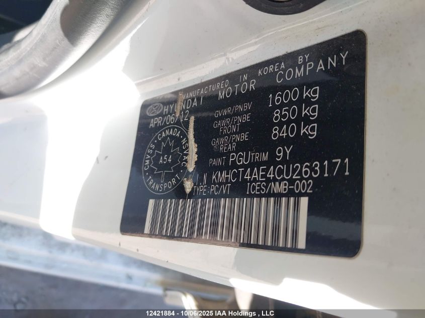 2012 Hyundai Accent VIN: KMHCT4AE4CU263171 Lot: 12421884