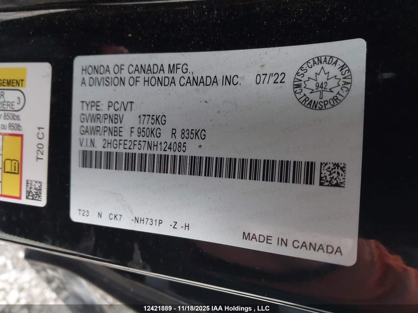 2HGFE2F57NH124085 2022 HONDA CIVIC photo no. 9
