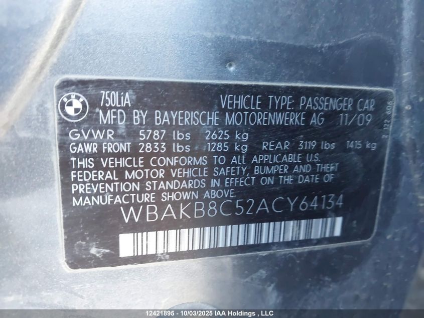 2010 BMW 750 Li VIN: WBAKB8C52ACY64134 Lot: 12421895