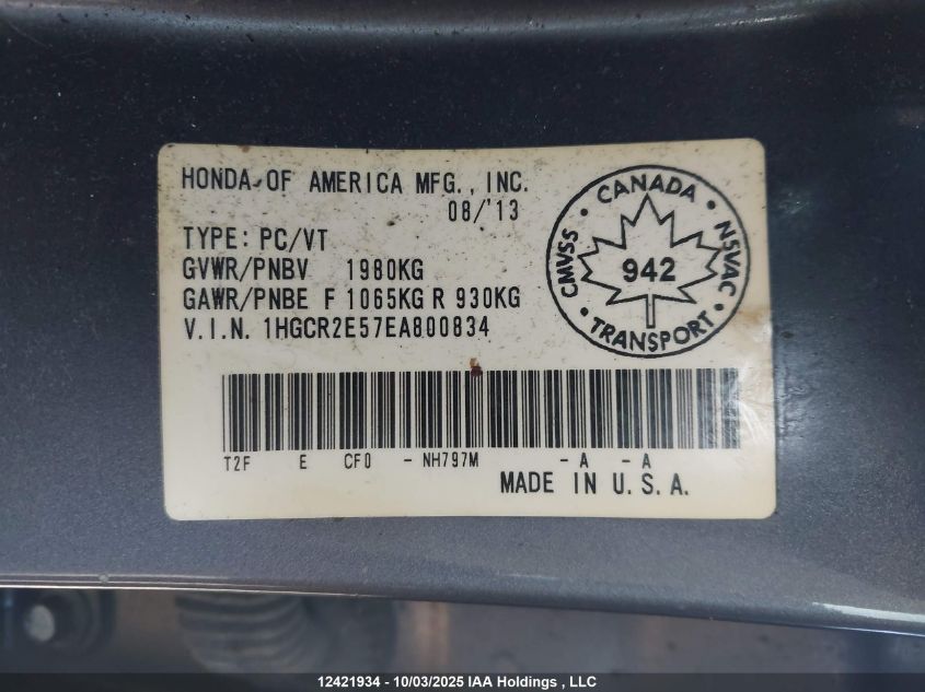 2014 Honda Accord Sport VIN: 1HGCR2E57EA800834 Lot: 12421934