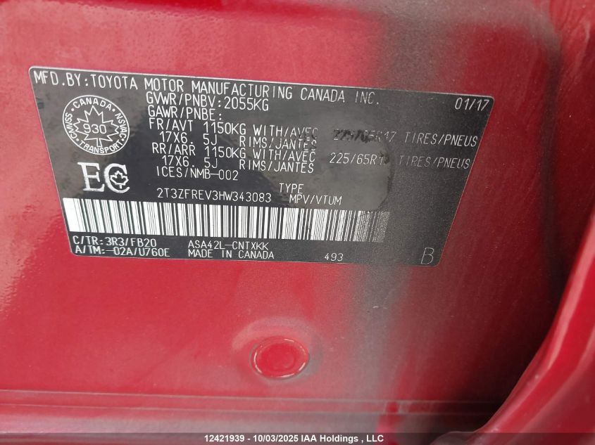 2017 Toyota Rav4 Le VIN: 2T3ZFREV3HW343083 Lot: 12421939
