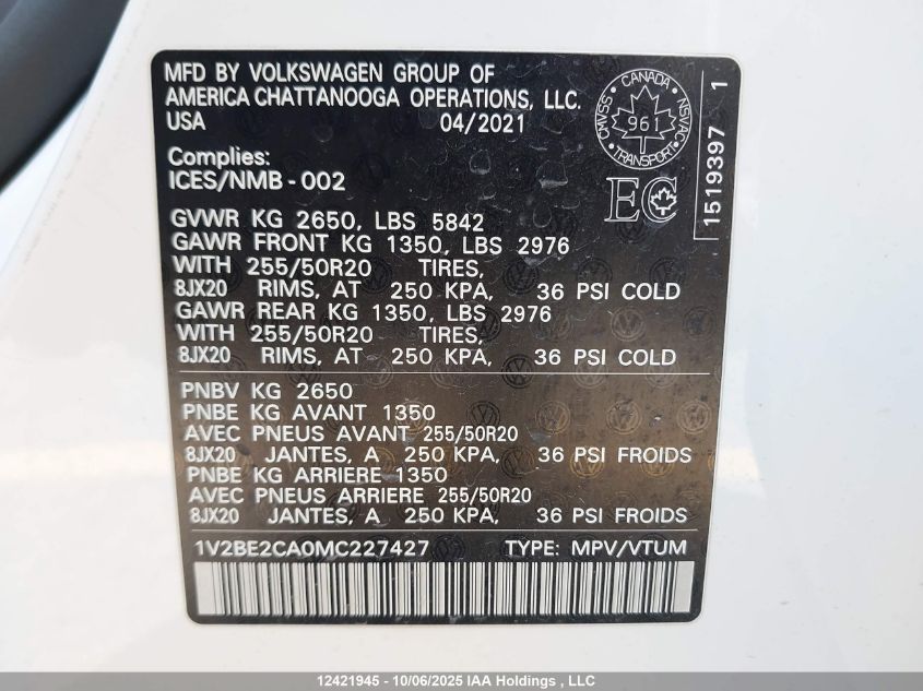 2021 Volkswagen Atlas Cross Sport 3.6 Fsi Highline VIN: 1V2BE2CA0MC227427 Lot: 12421945