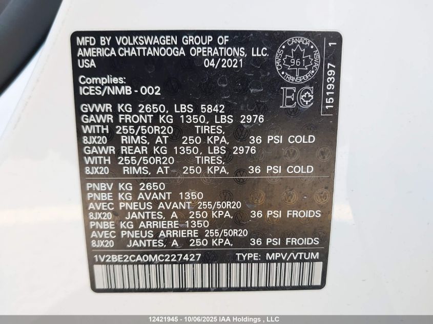 2021 Volkswagen Atlas Cross Sport 3.6 Fsi Highline VIN: 1V2BE2CA0MC227427 Lot: 12421945