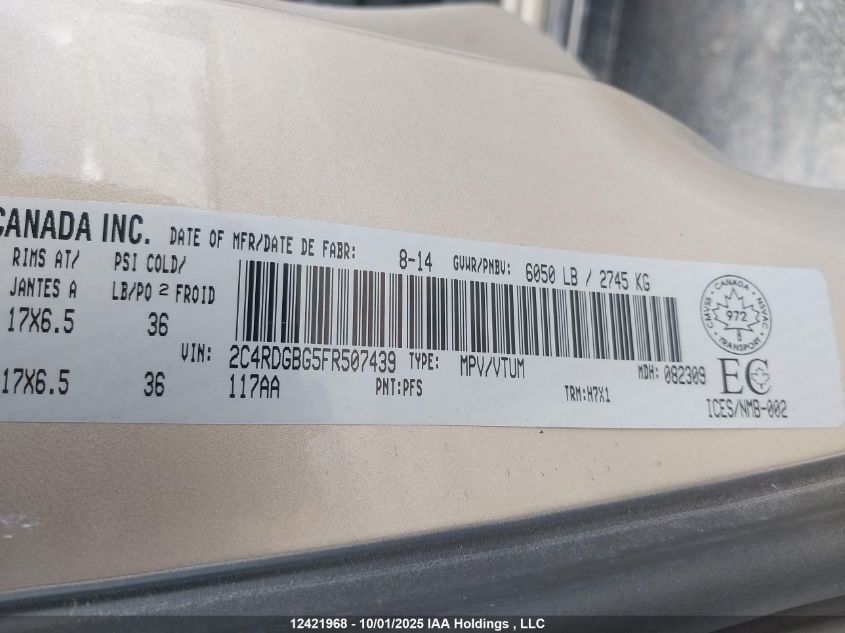 2015 Dodge Grand Caravan Se/Sxt VIN: 2C4RDGBG5FR507439 Lot: 12421968