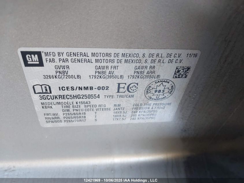 2017 Chevrolet Silverado 1500 1Lt/2Lt VIN: 3GCUKREC5HG250554 Lot: 12421969