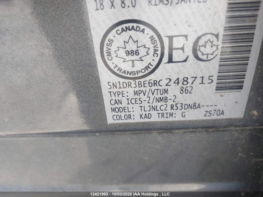 2024 Nissan Pathfinder Sv VIN: 5N1DR3BE6RC248715 Lot: 12421993