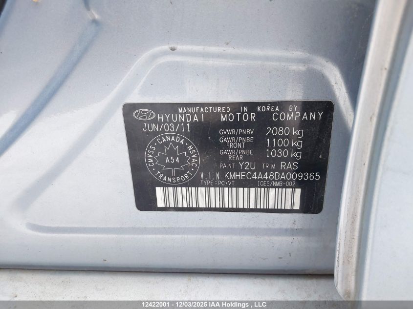 2011 Hyundai Sonata Hybrid Premium VIN: KMHEC4A48BA009365 Lot: 12422001