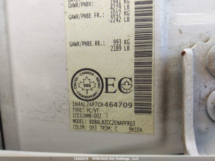 2012 Nissan Altima 2.5 S VIN: 1N4AL2AP7CN464709 Lot: 12422010