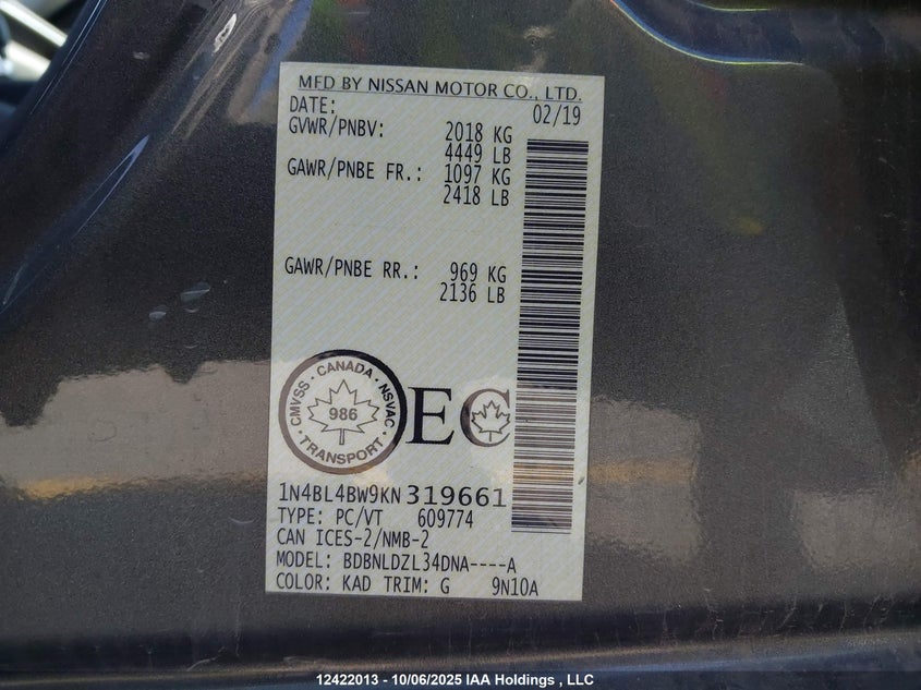 2019 Nissan Altima S VIN: 1N4BL4BW9KN319661 Lot: 12422013