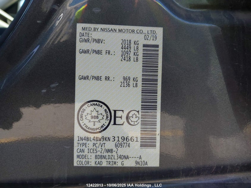 2019 Nissan Altima S VIN: 1N4BL4BW9KN319661 Lot: 12422013