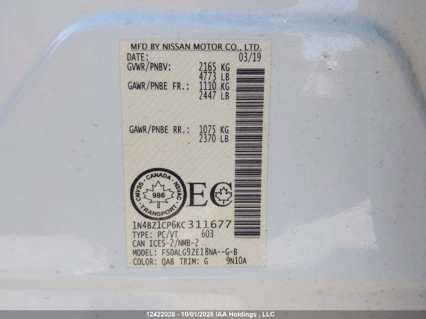 2019 Nissan Leaf S Plus/Sl Plus/Sv Plus VIN: 1N4BZ1CP6KC311677 Lot: 12422028