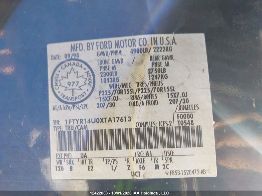 1999 Ford Ranger Xl/Xlt VIN: 1FTYR14U0XTA17613 Lot: 12422053