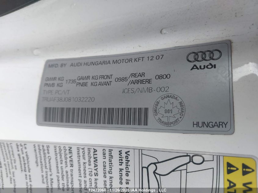 2008 Audi Tt 2.0T VIN: TRUAF38J081032220 Lot: 12422068