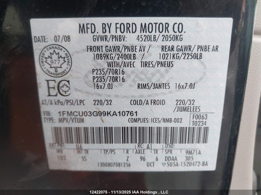 1FMCU03G99KA10761 2009 FORD ESCAPE photo no. 9