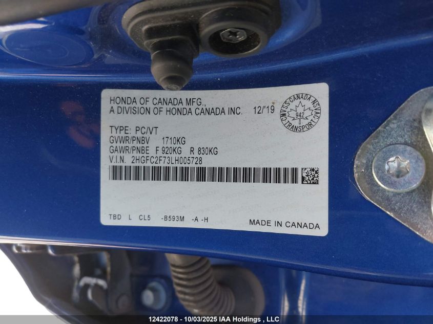 2020 Honda Civic Ex VIN: 2HGFC2F73LH005728 Lot: 12422078