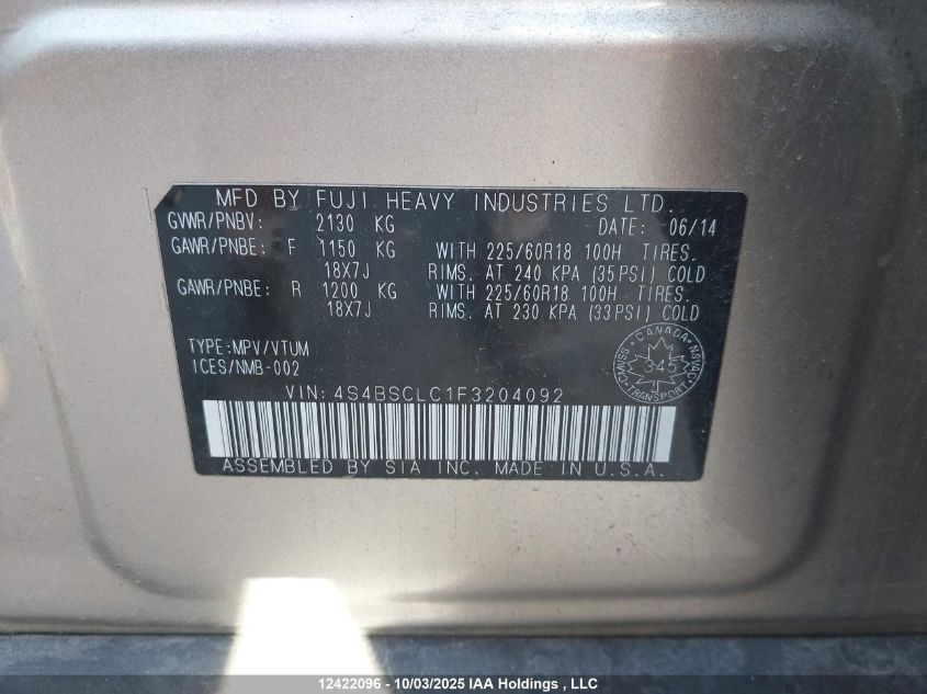 2015 Subaru Outback 2.5I Limited VIN: 4S4BSCLC1F3204092 Lot: 12422096